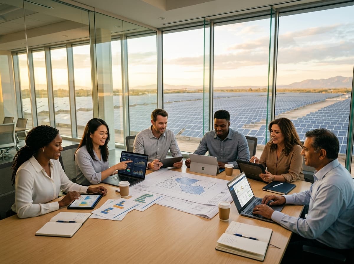 SolarDealerHub team collaborating with solar farm view
